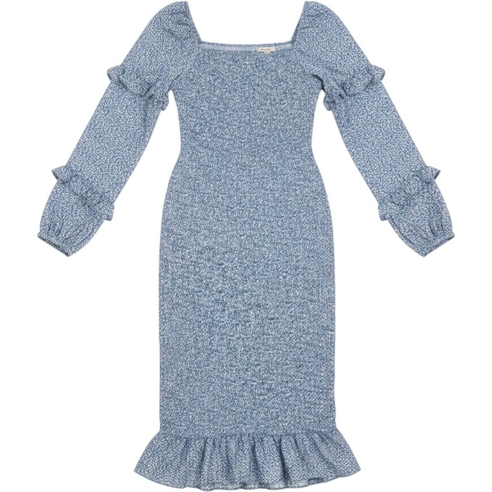 PrettyGarden Blue White Leopard Smocked Midi Dress Puff Sleeve Ruffle Hem Medium - Picture 3 of 7
